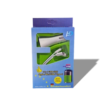 Telefontöltő 3 az 1-ben, 2-es USB szivargyújtóval, Micro USB, Type-C, iPhone