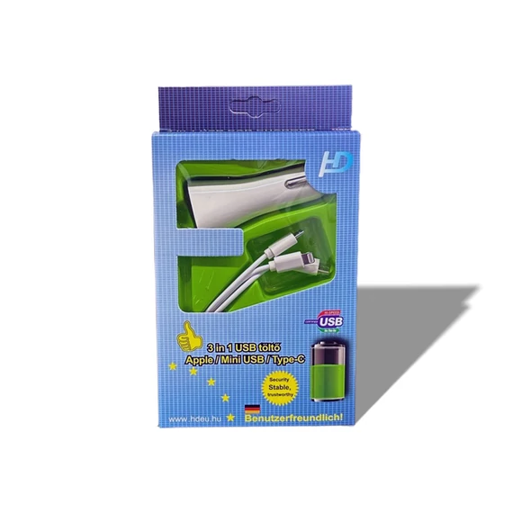 Telefontöltő 3 az 1-ben, 2-es USB szivargyújtóval, Micro USB, Type-C, iPhone