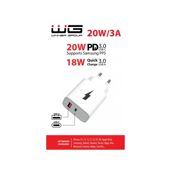 WG Hálózati töltő adapter | 1 x USB-A (18W ) | 1 x USB Type-C (20W)