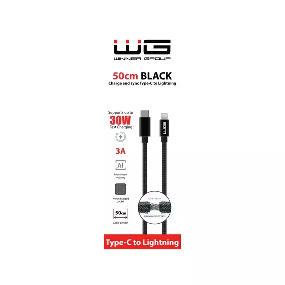 WG Adatkábel USB Type-C / Lightning | fekete | 3A | 50 cm
