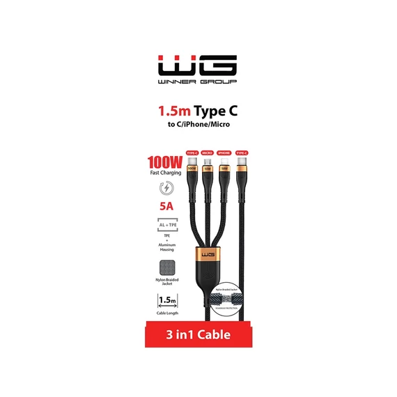 WG Adatkábel 3 az 1-ben | USB Type-C to USB Type-C / Lightning / Micro-USB | fekete | 5A | 150 cm