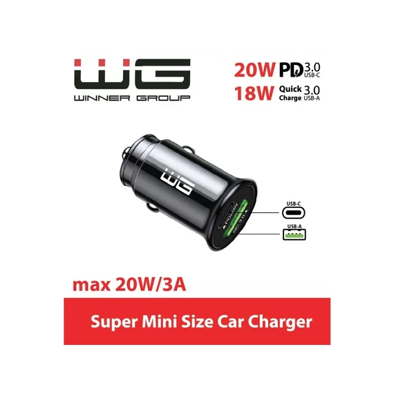 WG Autós töltő | 1 x USB-A (18W ) | 1 x USB Type-C (20W) | 3A | gyorstöltő